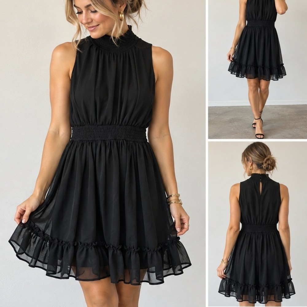 Lena Black Chiffon Ruffle Mini Dress Black Mock Neck Smocked Waist Ruffle Size S
